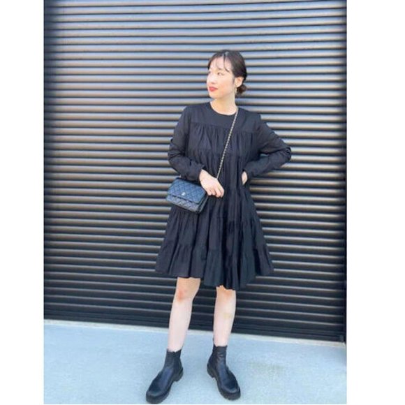 Merlette Soliman Mini Dress Cotton Tiered Black Solid Flared Flowy 